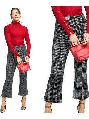 Anthropologie Crop Flare Pants Black White Polka Dot Elastic Waist Boho Chic